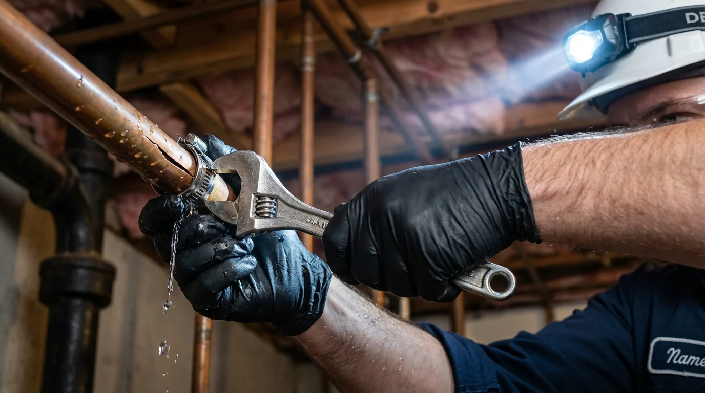 Emergency pipe clamp repair being performed by a Johns Plumbing LLC plumber in Clermont