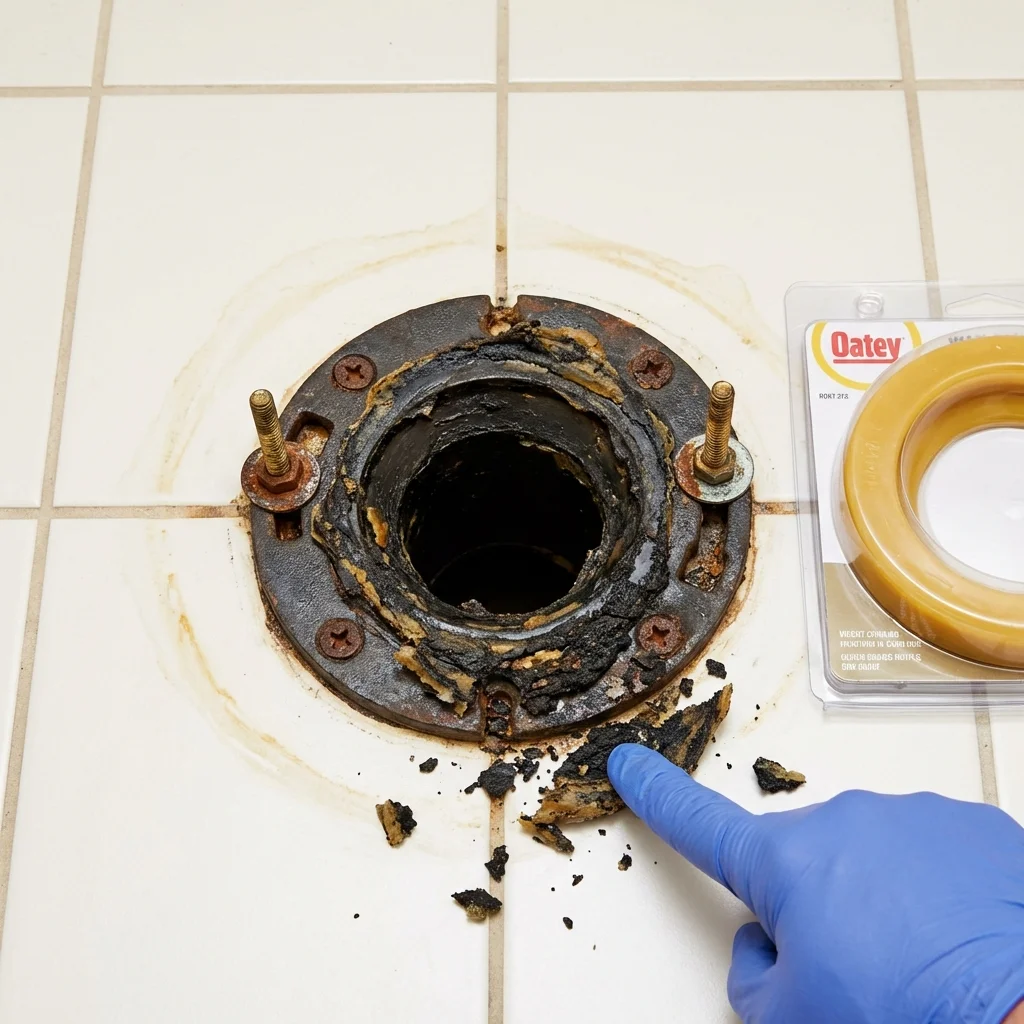 Failed wax ring showing water seepage at the base of a toilet in a Clermont, FL home