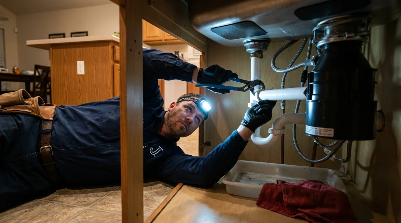 P-trap and supply line connections under a kitchen sink showing a common leak point in Clermont, FL